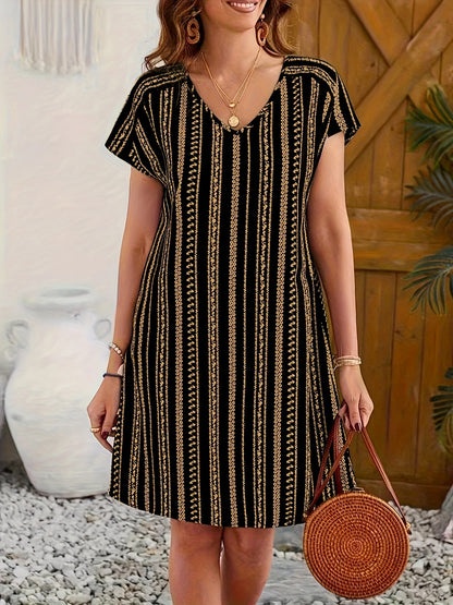 Ethnic Print V-neck Dress, Vacation Style Short Sleeve Slim Fit Dress For Spring & Summer, Women's Clothing
