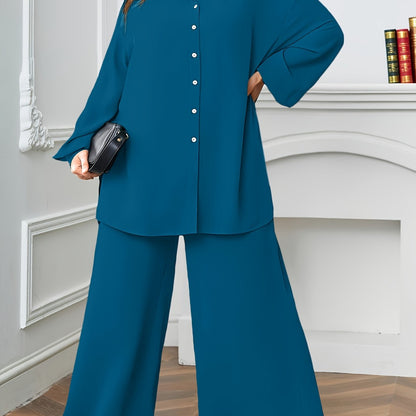 Elegant Plus Size Women'S Two-Piece Set: Stylish V-Neck Blouse & Wide Leg Pants - Perfect for Formal Occasions, Plus Size Blouses