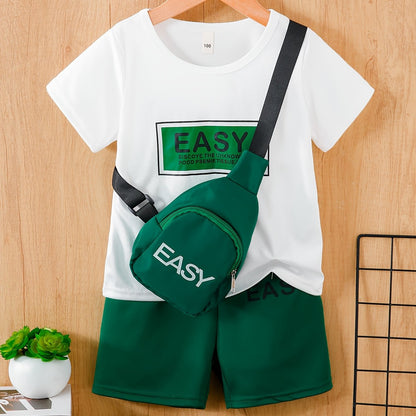 Boys' 3pcs Set White Crew Neck T-Shirt with EASY Lettering & Green Elastic Waist Shorts & Green Crossbody Bag Casual Comfortable Outdoor Outfit, Gift Idea, Perfect for Outdoor