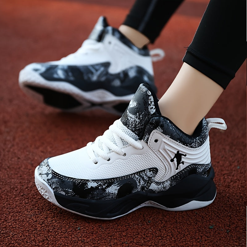 Youth Mid-Top PU Sports Sneakers - Comfortable, Lace-Up Basketball Shoes with Red & Black Design, TPR Sole for Outdoor Training, Running & Casual Wear, Basketball Shoes