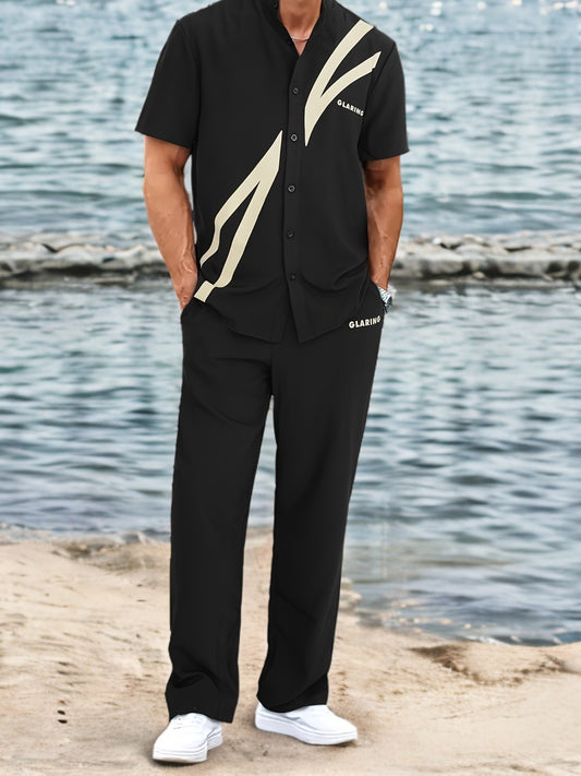 Men'S Casual Summer Short Sleeve Shirt & Pants Set - Black with White Geometric Print, Button-Up Collared Shirt & Loose Fit Pants, Non-Stretch Fabric, Perfect for Spring/Fall, Spring Summer Outfit | Geometric Print Shirt | Bu