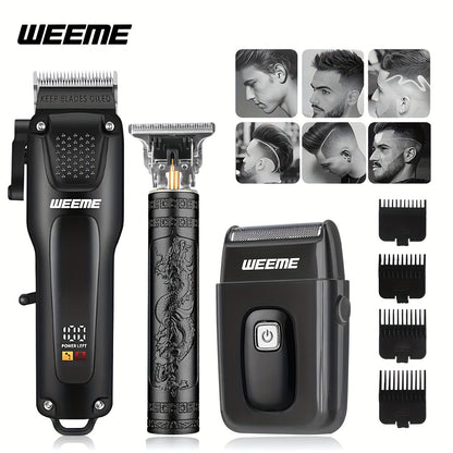 WEEME 3pcs Men's Grooming Kit: Black USB Rechargeable Electric Clipper + T-Blade Trimmer + Shaver Combo, featuring an LCD display and anti-slip textured design for precise haircuts, beard trimming, and sideburns styling—per