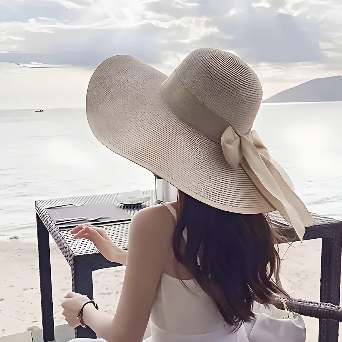 Women's wide-brim bow hat, suitable for all four seasons, foldable and breathable versatile cap