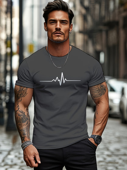 Men'S Brown T-Shirt with ECG Heartbeat Graphic - Casual Streetwear, Short Sleeve, Round Neck, Stretch Fabric, All-Season Comfort, Casual Streetwear Tee | Round Neck Tshirt | Comfortable Fit