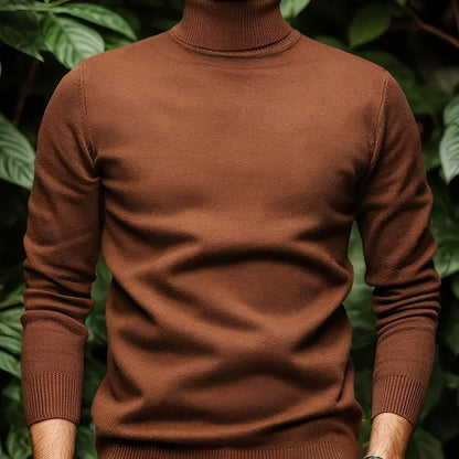 Men's Sleek Light Blue Turtleneck Sweater - Casual Knit Pullover with Ribbed Cuffs, Long Sleeves for Fall/Winter, Soft Viscose Blend