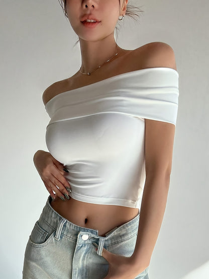 Chic Comfort| Elegant Women's Light Pink Off-Shoulder Ruched Crop Top - Slim Fit, Solid Color, Polyester & Elastane Blend, Machine Washable for Summer, Casual Wear|Chic Offshoulder Top|Delicate Texture