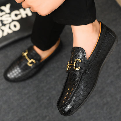 Men's Slip-On Loafers - Black & Tan Casual Shoes with Golden-Tone Metal Accents, Round Toe Comfort, All-Season Versatile for Office & Social Events, Casual Attire, Elegant Style, Premium Material, Modern Gentlemen