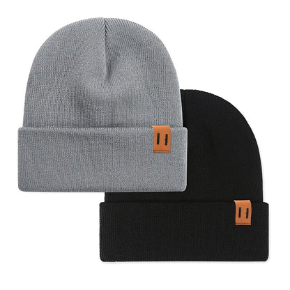 2pcs Fashion Faux Leather Label Knit Hat Set for Autumn and Winter, Outdoor Warm Ear Protection Knitted Cap Wholesale Lightweight Beanie