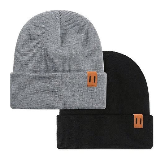 2pcs Fashion Faux Leather Label Knit Hat Set for Autumn and Winter, Outdoor Warm Ear Protection Knitted Cap Wholesale Lightweight Beanie