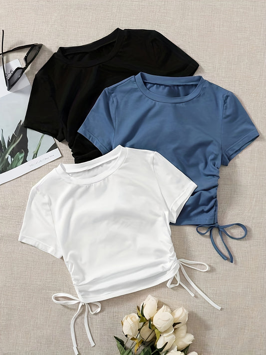 3 Pack Drawstring Crew Neck T-Shirt, Casual Short Sleeve T-Shirt For Spring & Summer, Women's Clothing
