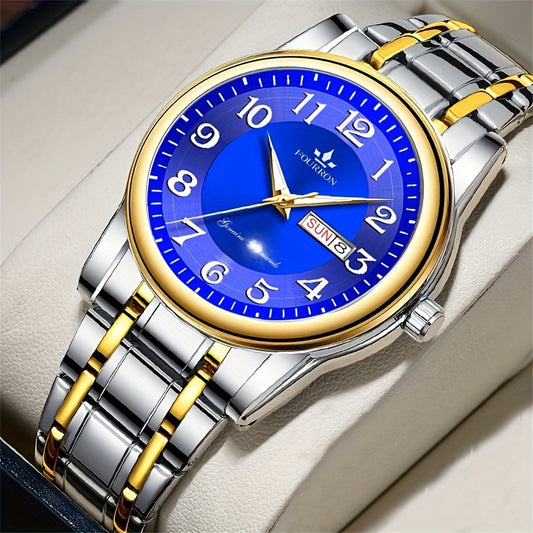 FOURRON Men's Quartz Watch - Trendy and Fashionable Appearance Stainless Steel Band with Luminous & Date Display, Ideal Gift for Birthdays & Holidays, Sunday Calendar Display, Multifunctional Watch, Casual Fashion, Gift for R