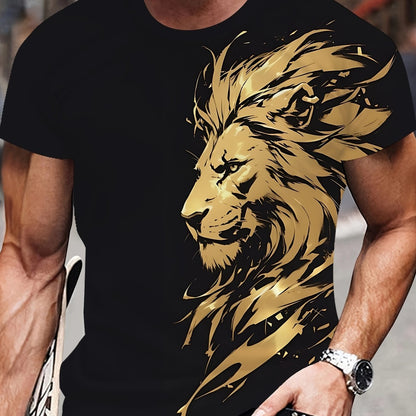 New Lion 3D Print Pattern, Casual Short Sleeve Round Neck T-Shirt, Outdoor Men's Clothing