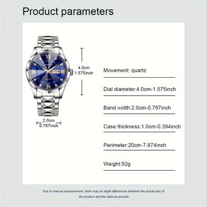 A Men'S Trendy Golden Alloy Luminous Business Casual Quartz Watch with a Steel Band.