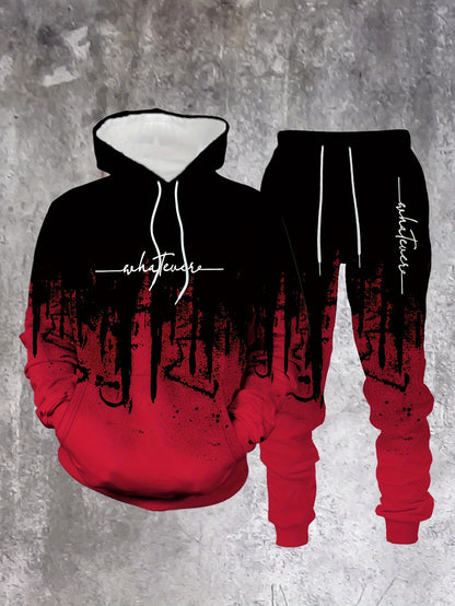 Men's Casual Hoodie & Sweatpants Set - Black & Red Contrast, Letter Print Design, Comfort Fit for Spring/Fall