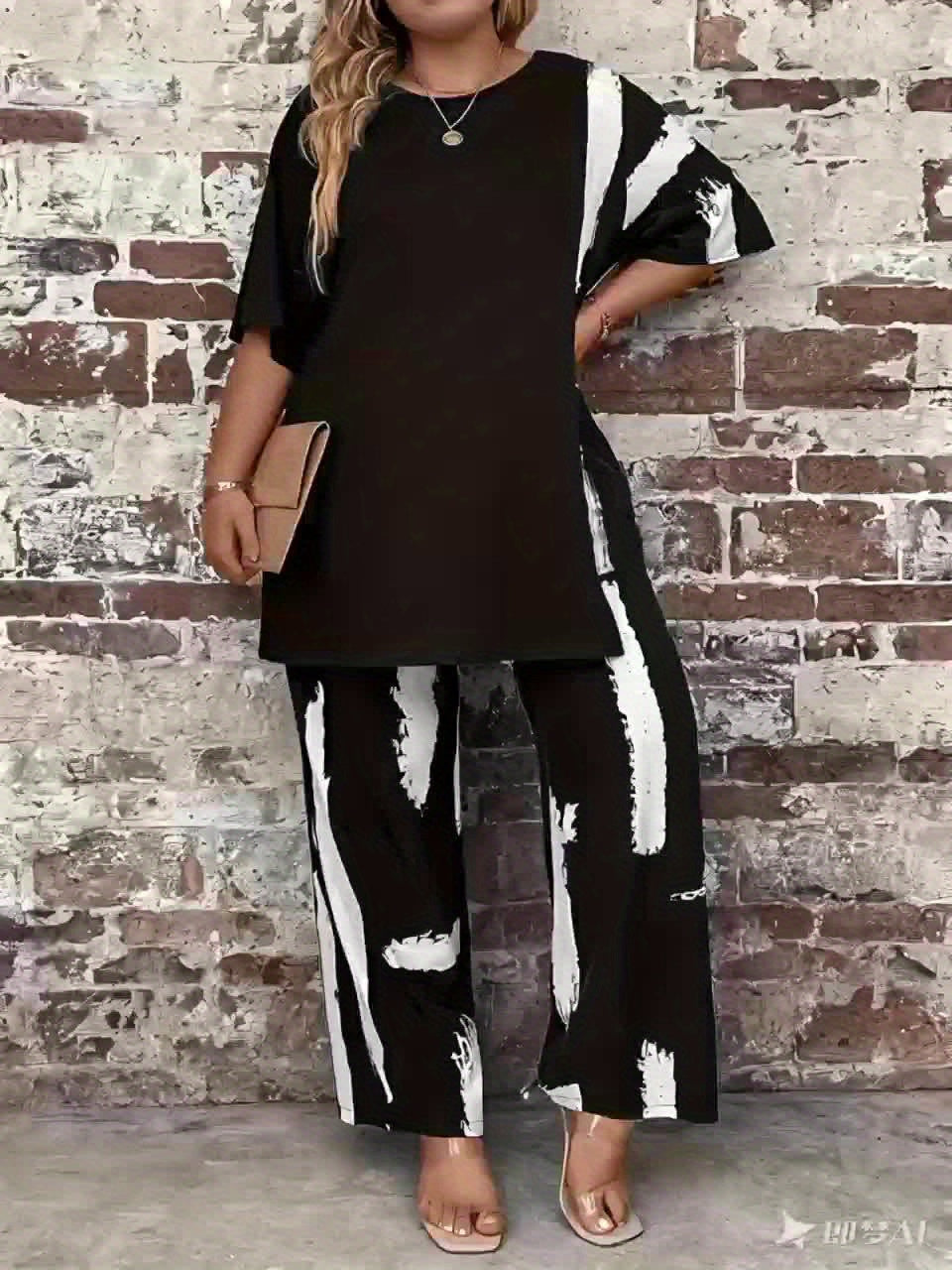 Plus Size Women'S Black Printed Sweater Set - Casual Long Sleeve Pullover with "LOVE" Design, Wide Leg Pants, Non-Stretch Fabric, Perfect for Fall & Winter, Autumn Winter Wear|Casual Style|Comfortable Fit