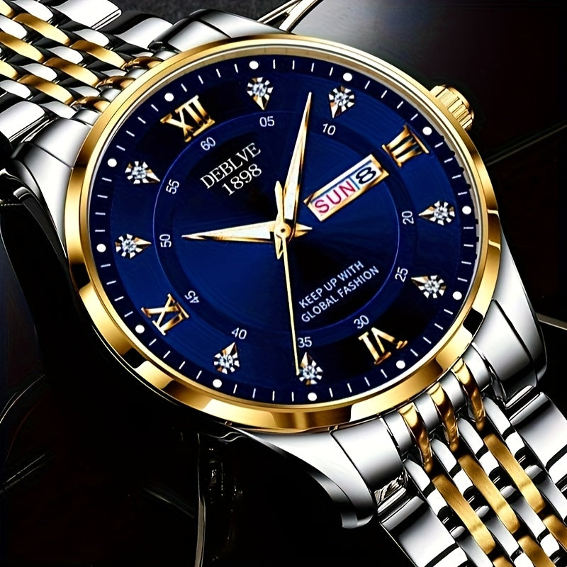 Elegant Men'S Stainless Steel Quartz Watch with Luminous Hands, Date Display & Week Indicator - Classic Design, Non-Waterproof, Battery Powered - Ideal Gift for Christmas, Halloween, Campus Related Events, Everyday Watch|Clas