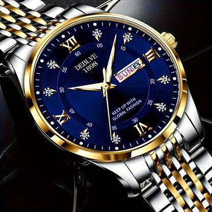 Elegant Men'S Stainless Steel Quartz Watch with Luminous Hands, Date Display & Week Indicator - Classic Design, Non-Waterproof, Battery Powered - Ideal Gift for Christmas, Halloween, Campus Related Events, Everyday Watch|Clas