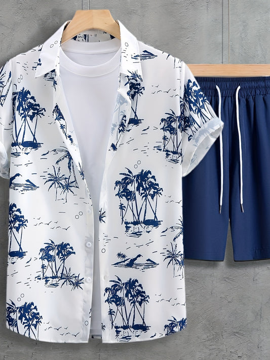 Coconut Trees, Men's 2pcs, Short Sleeve Graphic Print Button Up Shirt And Drawstring Shorts co ord set