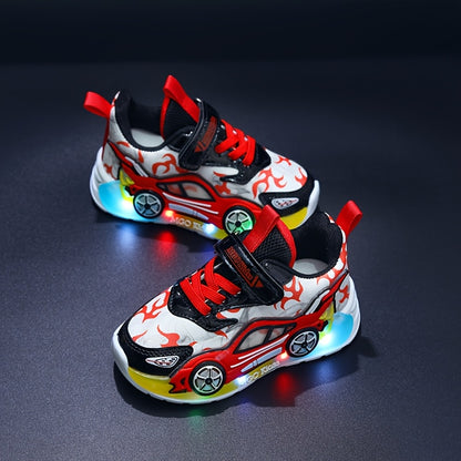2024 Fall New Youngsters' Boys' Sports Shoes with Cartoon Flashing Lights - Youngsters' Light-Up Running Shoes, Thin, LED, for Ages 1-3-6, PVC Sole, EVA Insole, Hook & Loop Closure, Perfect for Casual Wear
