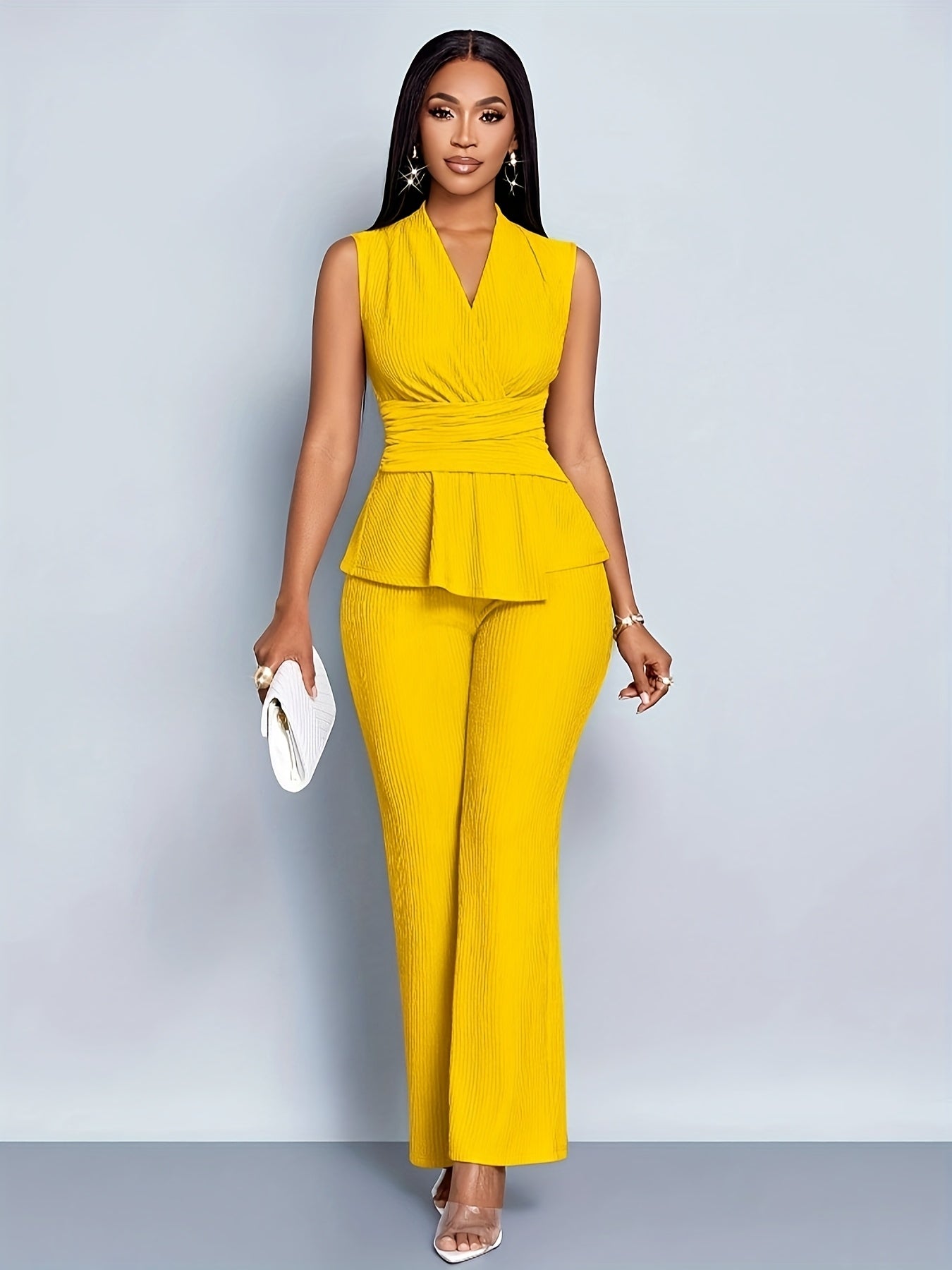 Elegant Women'S Two-Piece Set, Sleeveless V-Neck Top & Wide-Leg Pants, Solid Color, Asymmetrical Design, All-Season Casual Wear, Casual Attire | Asymmetrical Top | Wideleg Pants