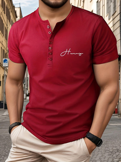 Men's Script Letter Print Short Sleeve Henley Shirt, Business Fashion Top For Male's Casual And Daily Wear