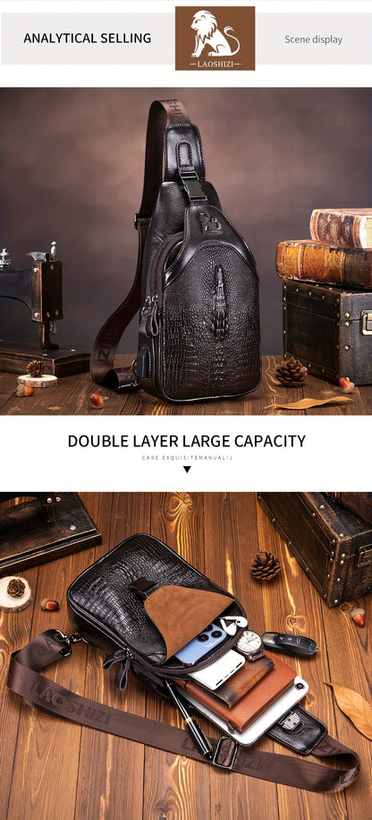 Men's Genuine Leather Crossbody Chest Bag, Top Layer Cowhide Genuine Leather Sling Bag, Large Capacity Double-Layer Chest Bag Shoulder Bag, Perfect for Valentine's Day, Teacher's Day, Back-to-School, Graduation, and Christmas
