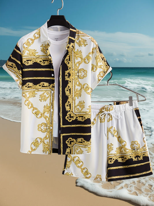 Men's Hawaiian Print Short Sleeve Shorts Shirt Set Loose Two-Piece