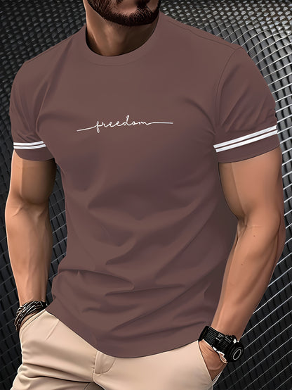 Men'S "Freedom" Graphic T-Shirt - Black Casual Crew Neck Tee with White Stripes, Breathable Polyester Blend, Regular Fit for Casual Attire, Everyday Tshirt | Bold Print Tee | Comfortable Fit, Knit