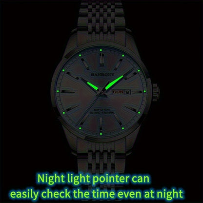Banbony Men'S Stainless Steel Band Luminous Calendar Watch, IPX7 Waterproof, Quartz Movement, Round Zinc Alloy Case, Casual Fashion Style, with Pointer Display, Battery Powered, Non-rechargeable Button Battery, for B day
