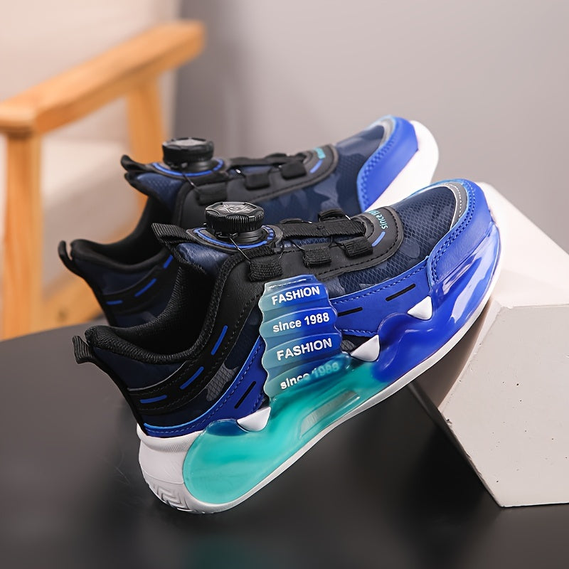 Boys' Striped Sneakers with Rotating Buckle - Casual Running Shoes for Youngsters, Breathable PU & Fabric Lining, Non-Slip EVA Sole
