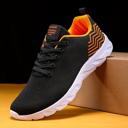 Men's Knitted Breathable Running Shoes, Lightweight Non-Slip Soft Sole, Comfortable for Outdoor Walking, Jogging, Fitness, Daily Activities, EVA Sole, Fabric Upper, Low-Top, Lace-Up Closure, Striped Pattern, All-Season Fashio