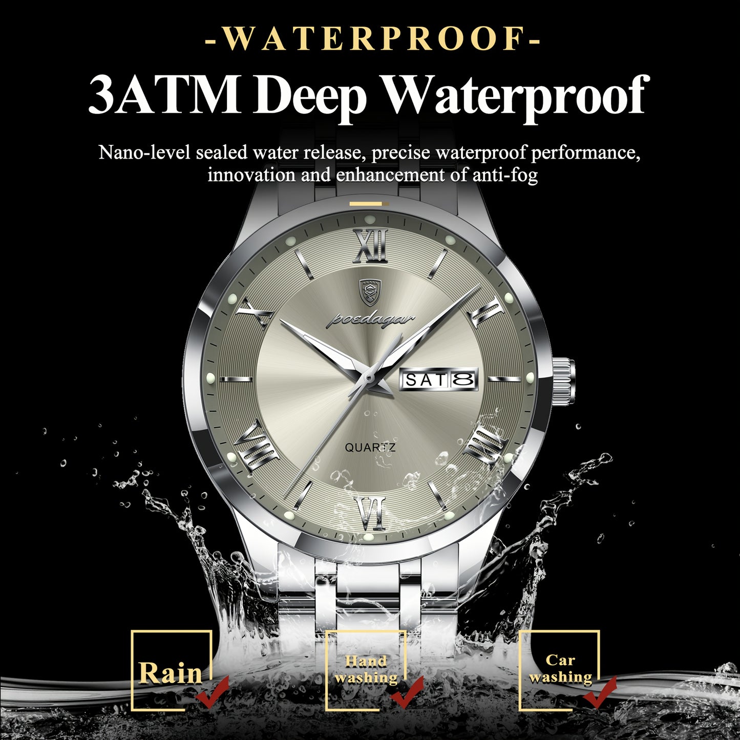 POEDAGAR Men'S Quartz Watch, Sports Style, Waterproof 3ATM, Luminous Calendar, Stainless Steel Strap, Pointer Display, Alloy Case, Electronic Drive, Non-Rechargeable Button Battery, with Spring Festival and Football Holiday T