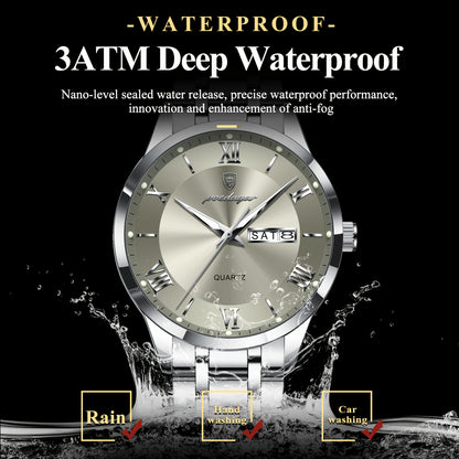 POEDAGAR Men'S Quartz Watch, Sports Style, Waterproof 3ATM, Luminous Calendar, Stainless Steel Strap, Pointer Display, Alloy Case, Electronic Drive, Non-Rechargeable Button Battery, with Spring Festival and Football Holiday T