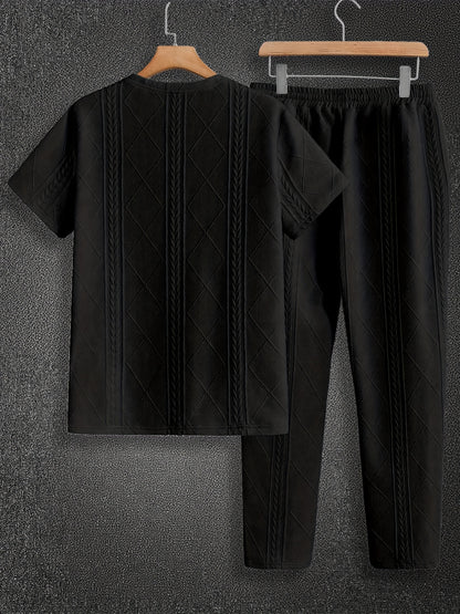 Men'S Textured Round Neck Short Sleeve Pullover & Woven Pants Pajama Set - Brown, Casual Home Wear with Drawstring Waist, Summer Comfort, Everyday Pajamas | Casual Style | Comfortable Fit, Pajamas