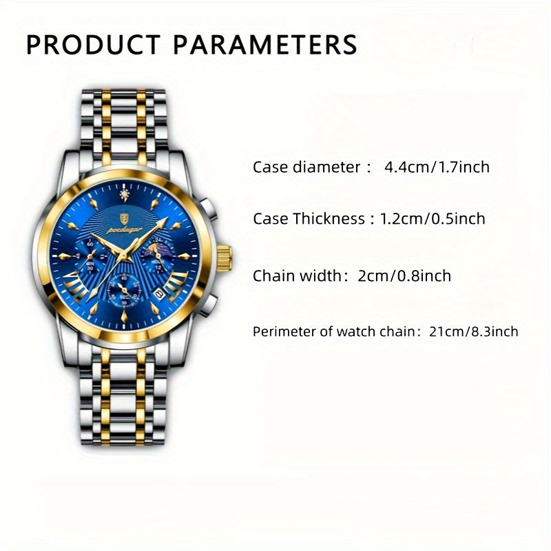 [Sophisticated Charm] Men's Multifunctional Fashion Watch - Waterproof Quartz Wristwatch with Chronograph, Stainless Steel Band, Blue Dial & Golden Accents, Ideal Gift for Men, Casual Timepiece|Contemporary Watch|Golden Accen