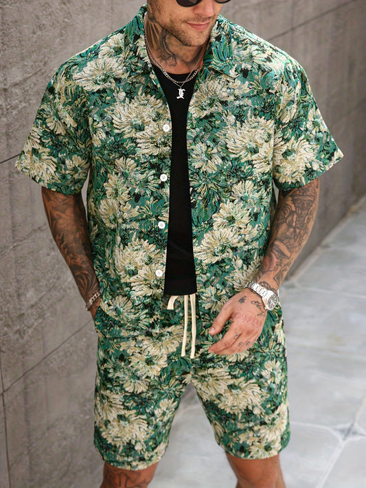 Men'S Summer Casual Short Sleeve Shirt & Shorts Set - Tropical Print, Loose Fit, Button-Up with Collar, Lightweight Polyester Fabric for Outdoor & Leisure Activities, Summer Casual Wear | Tropical Print Shirt | Lightweight Fa