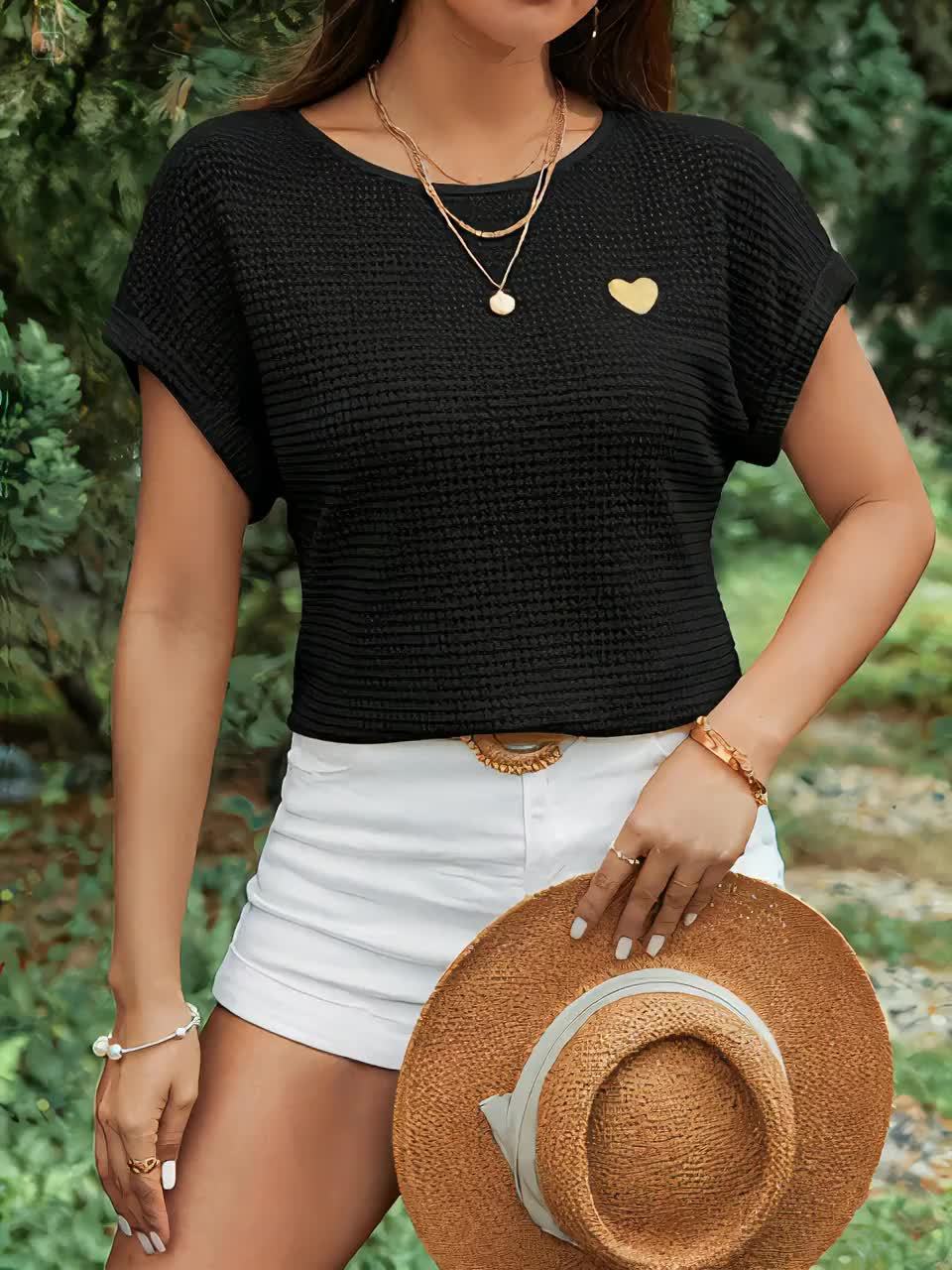 Women'S Brown Knit Short Sleeve Top with Golden Heart Design - Casual Spring/Summer Blouse, Casual Wear|Knit Texture|Short Sleeve Top