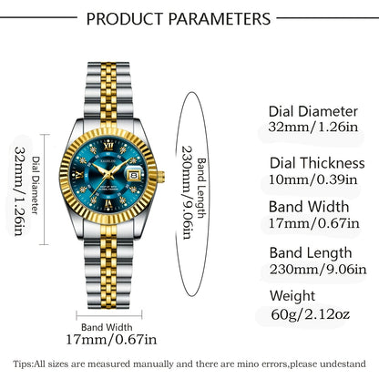 KASRLUO Elegant Women's Quartz Watch - Luminous Date, Stainless Steel Band, Precise Movement with Moon Phase Calendar, Timepiece