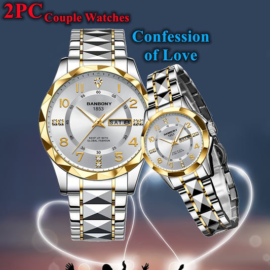 2pcs BNDBONY Brand Men And Women Couples Quartz Watch Stainless Steel Strap Scratch-Resistant Wear Luminous Pointer Digital Simple Hd Disc IPX7 Waterproof Fashion Multifunctional Couples Watch Holiday Couples Lover Birthday G