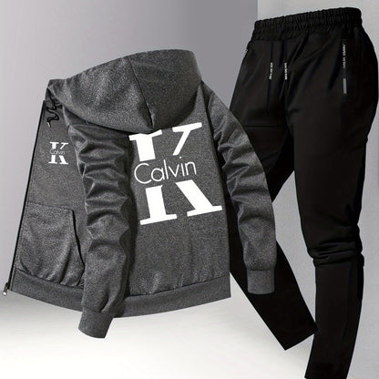 Men's Trendy Autumn/Winter Hooded Jacket and Shirt Two-Piece Set with CK Print, Casual Business Outfit, Youth Leisure Baseball Uniform Stand Collar Suit