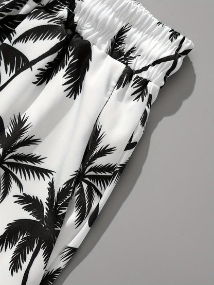Men's Tropical Coconut Tree Print Drawstring Shorts - Casual, Loose-Fit Beachwear with Pockets