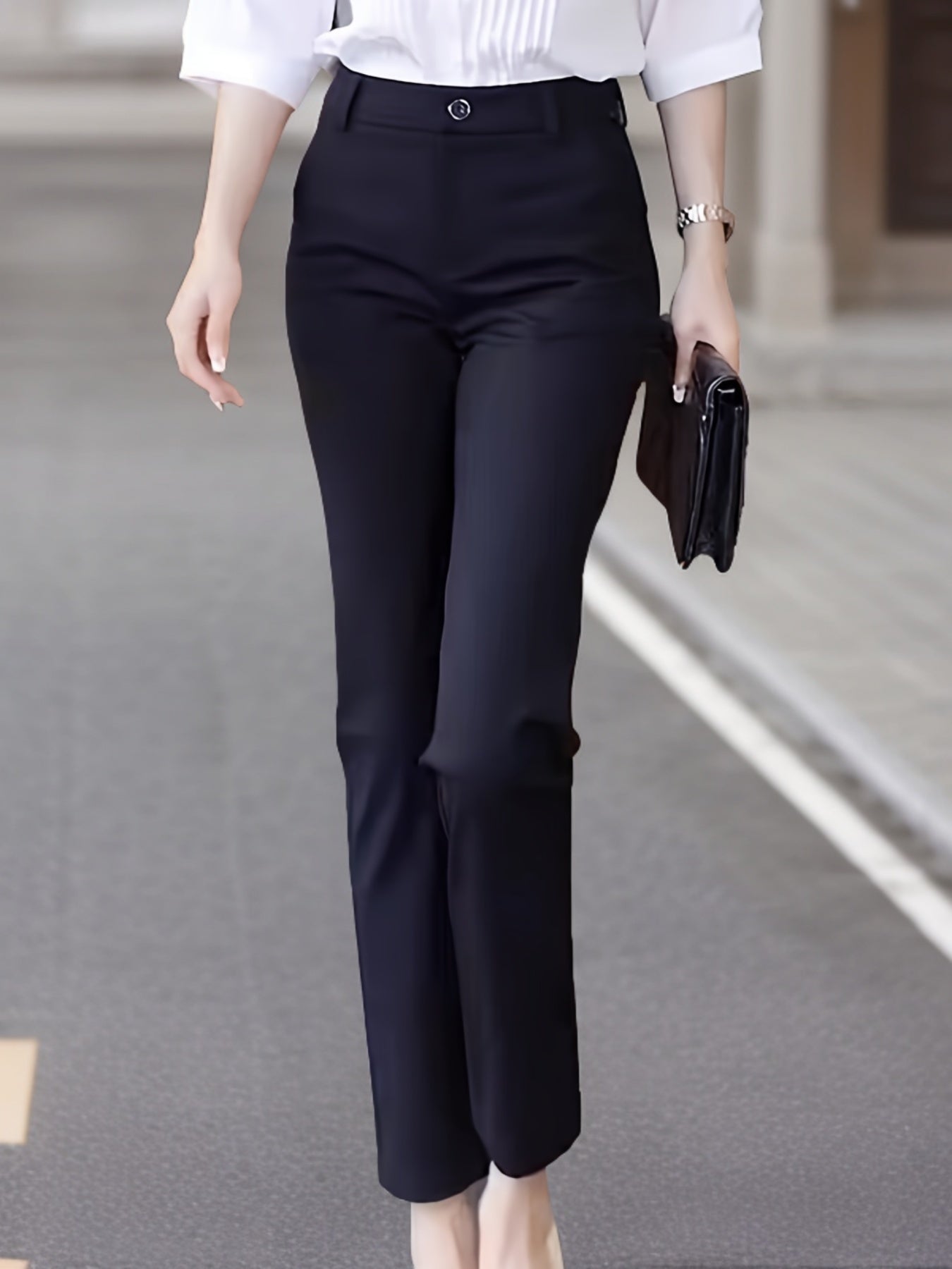 Women'S High-Waisted Straight-Leg Trousers, Casual Style, Solid Color, Polyamide 50% Viscose 50% Elastane 8%, Woven Fabric, 300g/m², Button Detail, Suit Pants for Work and Leisure - Black