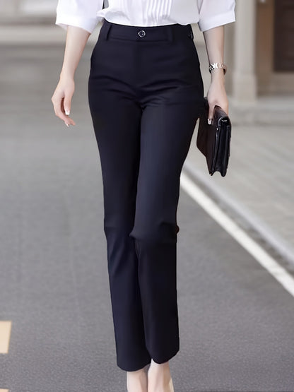Women'S High-Waisted Straight-Leg Trousers, Casual Style, Solid Color, Polyamide 50% Viscose 50% Elastane 8%, Woven Fabric, 300g/m², Button Detail, Suit Pants for Work and Leisure - Black