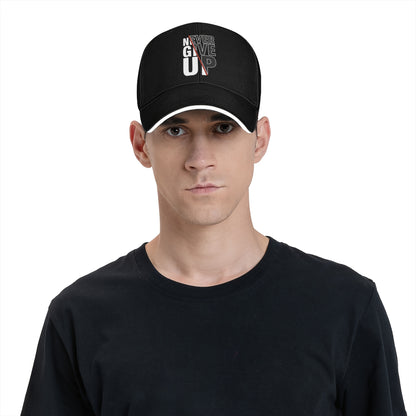 1 Pack Never Give Up Print Baseball Cap - Adjustable Snapback Dad Hat with Breathable Mesh Back, Funky Unisex Trucker Hat for Outdoor Fishing Driving, Black with White & Red Lettering, One Size Fits Most (53.34-63.5 cm)