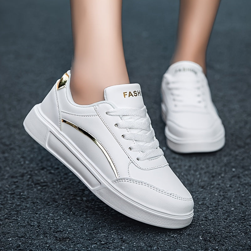 Youngsters' Fashion Sneakers - White PU Upper with Golden Accents, Comfortable & Lightweight Casual Running Shoes for Boys and Girls, All-Season Wear, Low-Top Lace-Up Design, Outdoor Youngsters's Footwear | Fabric Lined Inter