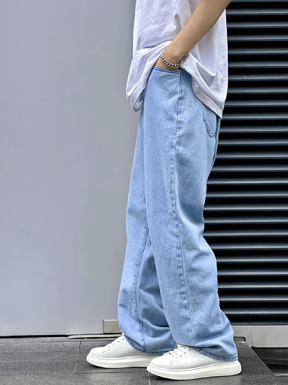 Men's Loose Fit Light Blue Denim Jeans - Straight Leg, Slant Pockets, Non-Stretch Cotton Blend, Casual Street Style for All Seasons
