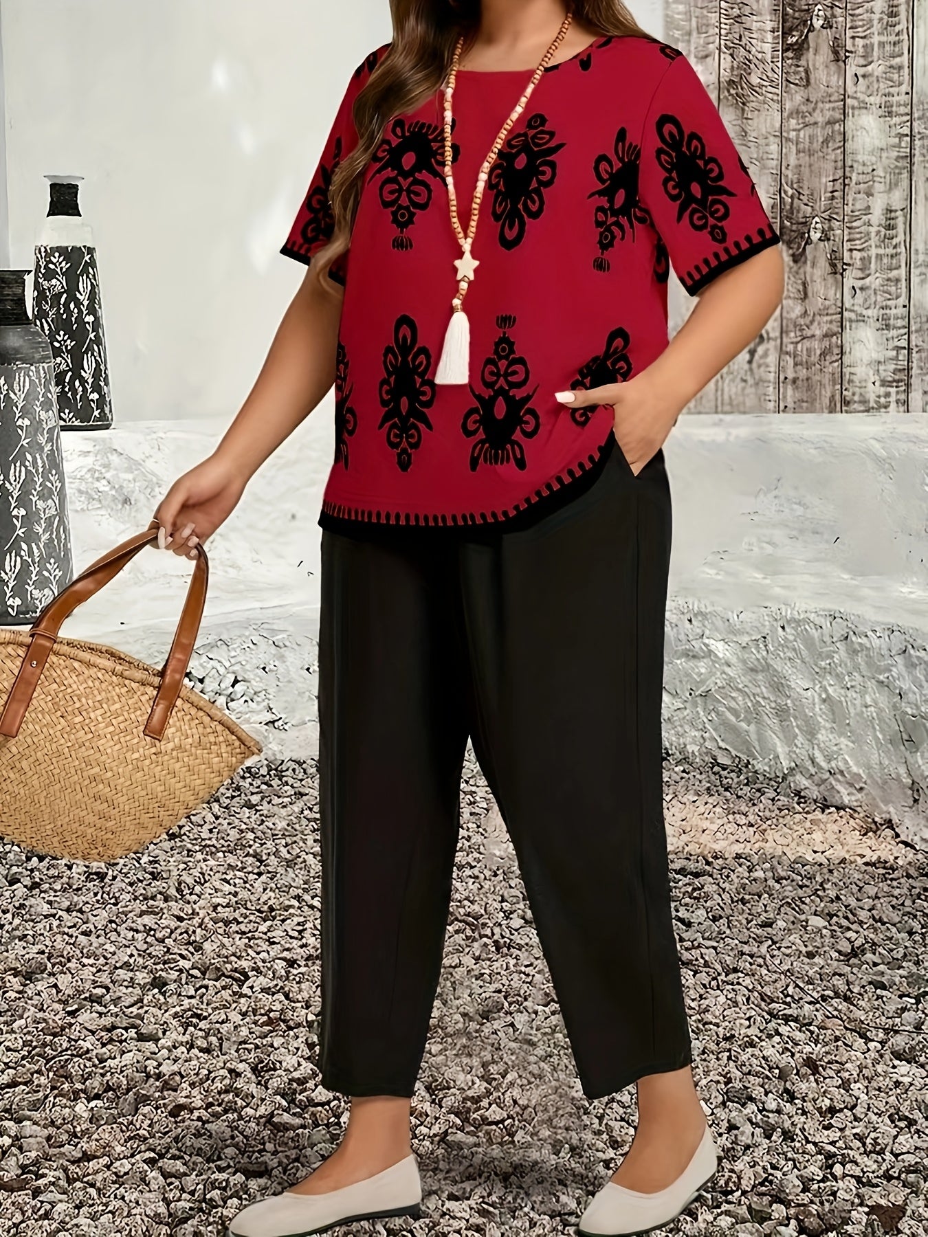 Plus Size Casual Country Print Loose Long Sleeve Pullover and Pants Two-Piece Set, Elegant Autumn Leonie