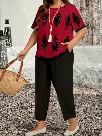 Plus Size Casual Country Print Loose Long Sleeve Pullover and Pants Two-Piece Set, Elegant Autumn Leonie