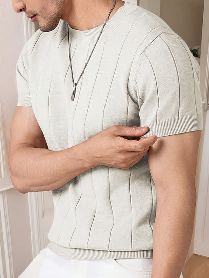 Men's Slim Fit Striped Textured Knit Crew Neck T-Shirt - High Elasticity Short Sleeve Casual Top for Spring/Autumn, Breathable Daily Leisurewear, Spring Fashion, Classic Style, Durable Construction, Pullover Shirt, Stylish Me