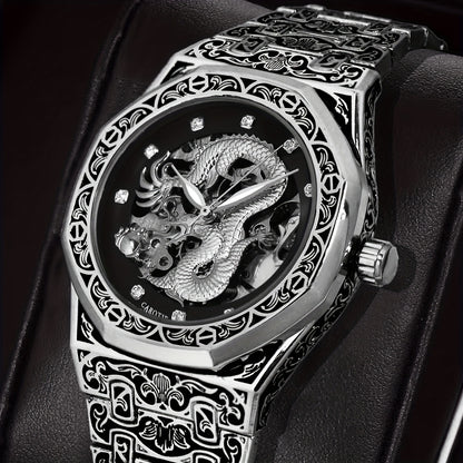 1pc Youth Men's Yellow Steel Strap Business Style Elegant Glow-in-the-Dark Carved Dragon Mechanical Watch